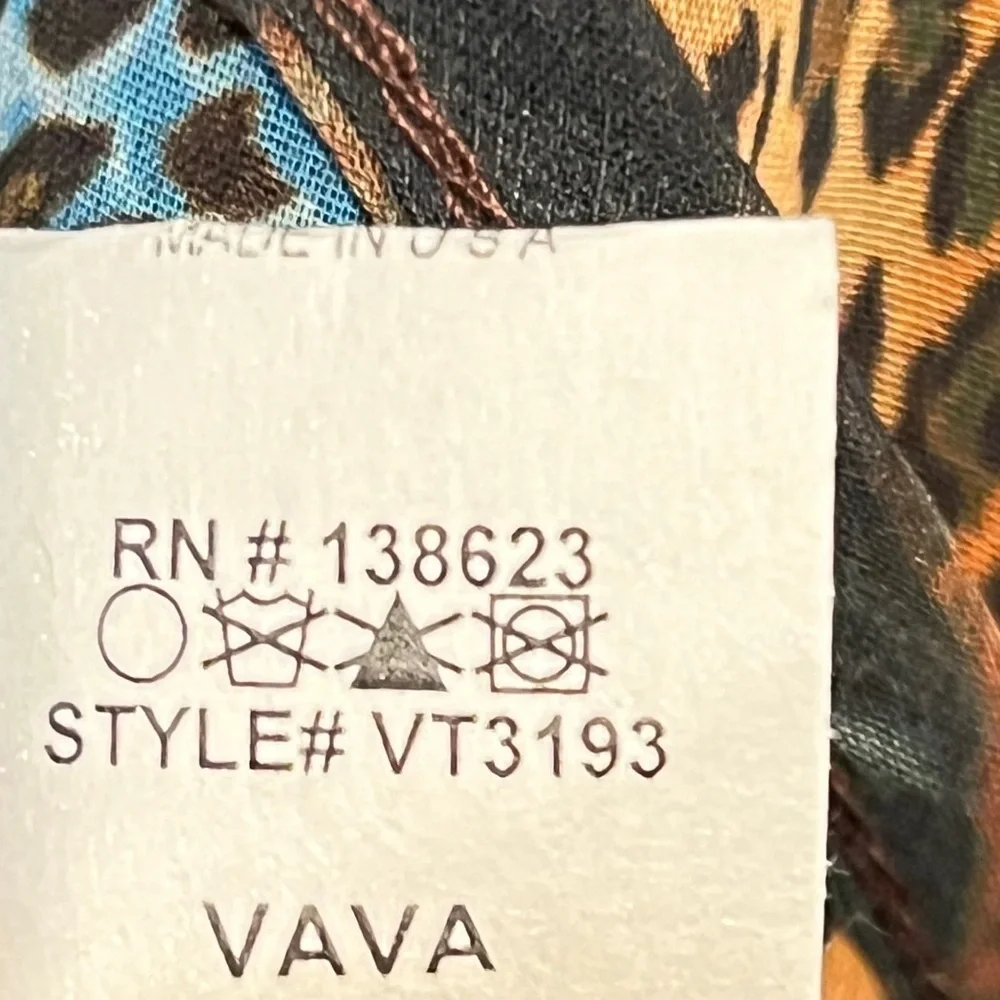 VA VA by JOY HAN Women’s Brown & Blue Leopard Print V-Neck Bell Cuff Top Size L - Picture 5 of 5